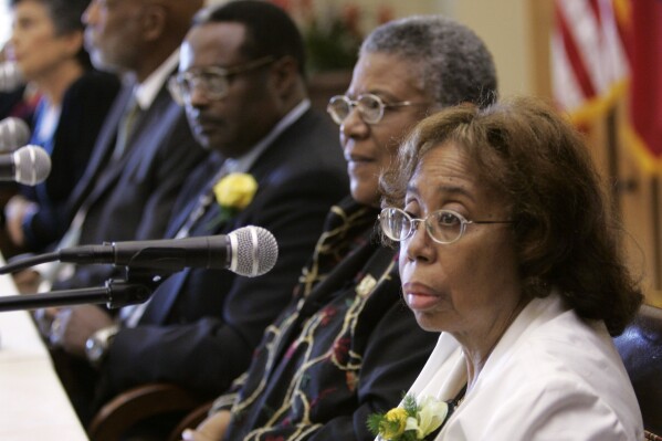 FILE - Thelma Mothershed Wair, right, speaks at a news conference in Little Rock, Ark., Sept. 23, 2007, as Carlotta Walls LaNier, from left, Terrence Roberts, Jefferson Thomas, and Minnijean Brown Trickey, members of the Little Rock Nine who in 1957 integrated Little Rock Central High School, look on. (AP Photo/Danny Johnston, File)