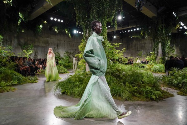 A model wears an outfit for the Gucci Cruise fashion show in London, Monday, May 13, 2024. (Photo by Alberto Pezzali/Invision/AP)