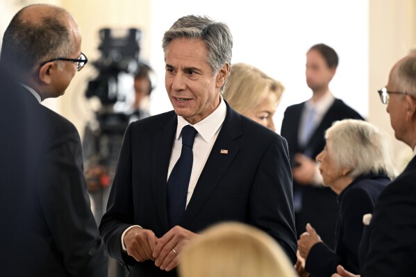 U.S. Secretary of State Anthony Blinken attends a reception for U.S. President Joe Biden in Bellevue Palace, Berlin, Friday Oct. 18, 2024. (Annette Riedl/dpa via AP)