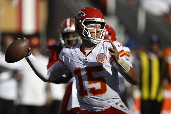 Kansas City Chiefs quarterback Patrick Mahomes (15) passes against the San Francisco 49ers during the second half of an NFL football game in Santa Clara, Calif., Sunday, Oct. 20, 2024. (AP Photo/Eakin Howard)