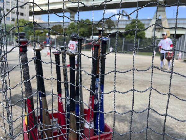 Bats are seen on the ground as the Fukagawa Hawks youth baseball team practices Sunday, Oct. 13, 2024, in Tokyo. Japan. (AP Photo/Stephen Wade)