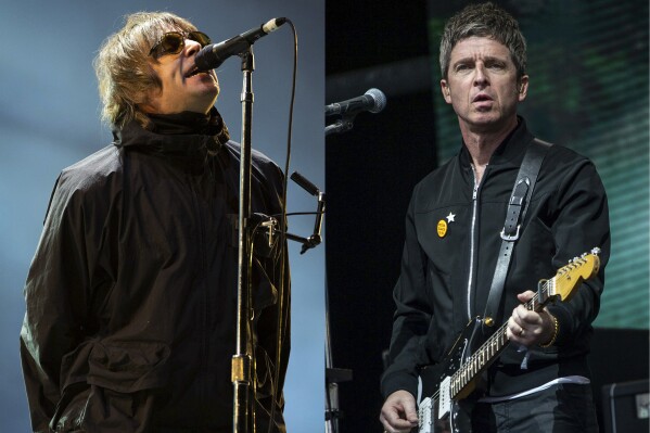 Liam Gallagher performs at the Reading Music Festival, England on Aug. 29, 2021, left, and Noel Gallagher performs at the Glastonbury Festival in Worthy Farm, Somerset, England, on June 25, 2022. (AP Photo)