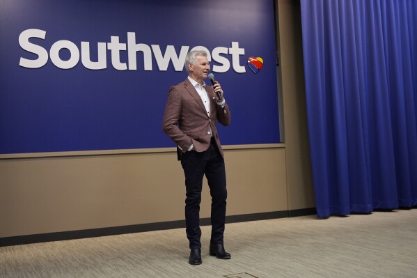 Southwest Airlines Bob Jordan responds to questions during a news conference at the company's headquarters in Dallas, Thursday, Sept. 26, 2024. (AP Photo/Tony Gutierrez)