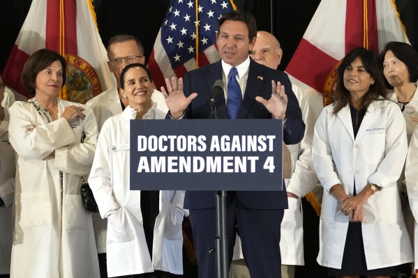 Florida Gov. Ron DeSantis speaks out against Amendment 4 which would protect access to abortion during a news conference with Florida Physicians Against Amendment 4 Monday, Oct. 21, 2024, in Coral Gables, Fla. (AP Photo/Lynne Sladky)