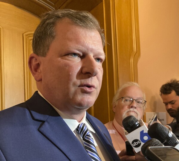 FILE - Republican Ohio House Speaker Jason Stephens speaks to reporters, May 9, 2023, at the Ohio Statehouse in Columbus, Ohio. Foes of Stephens picked off four of his allies, including one of his leadership team, in the primaries on Tuesday, March 19, 2024, though were still one shy of the number needed to obliterate his majority in the next legislative session. But a bitter battle for control of the chamber still looms. (AP Photo/Julie Carr Smyth, File)