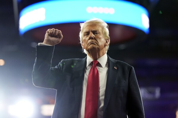 Republican presidential nominee former President Donald Trump gestures at a campaign rally at the Santander Arena, Wednesday, Oct. 9, 2024, in Reading, Pa. (AP Photo/Alex Brandon)