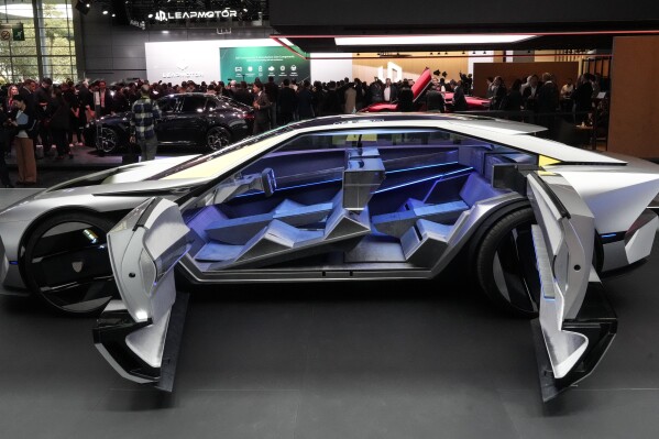 The Peugeot Hypersquare is presented at the Paris Auto Show, in Paris, Monday, Oct. 14, 2024. (AP Photo/Michel Euler)