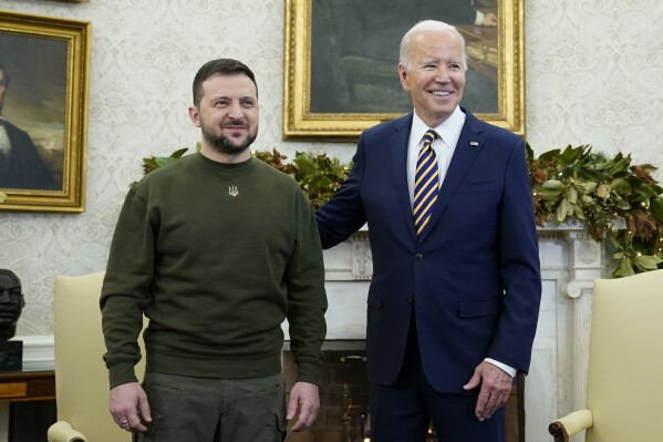 FILE - President Joe Biden meets with Ukrainian President Volodymyr Zelenskyy in the Oval Office of the White House, Wednesday, Dec. 21, 2022, in Washington. (AP Photo/Patrick Semansky, File)