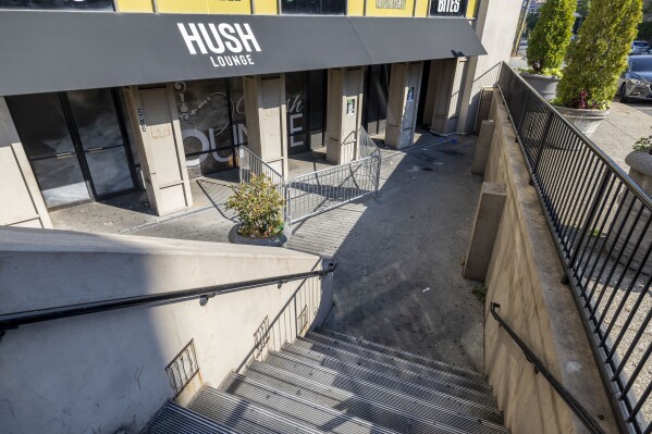 FILE - The scene of a fatal shooting outside Hush, a hookah lounge, in the Five Points neighborhood of Birmingham, Ala., Sept. 22, 2024. (AP Photo/Vasha Hunt, File)