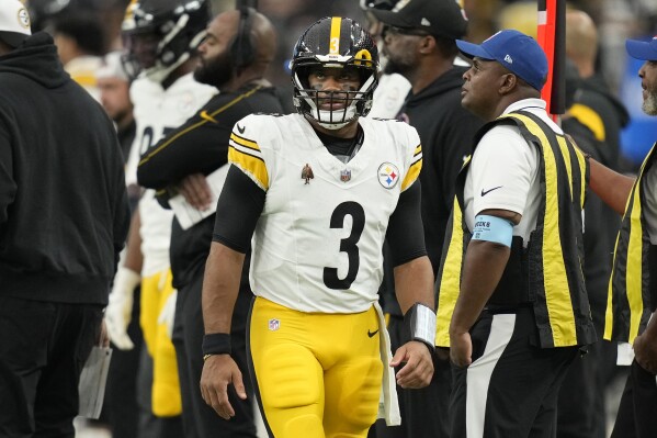 Pittsburgh Steelers quarterback Russell Wilson (3) walks on the sideline during the second half of an NFL football game against the Las Vegas Raiders in Las Vegas, Sunday, Oct. 13, 2024. (AP Photo/John Locher)