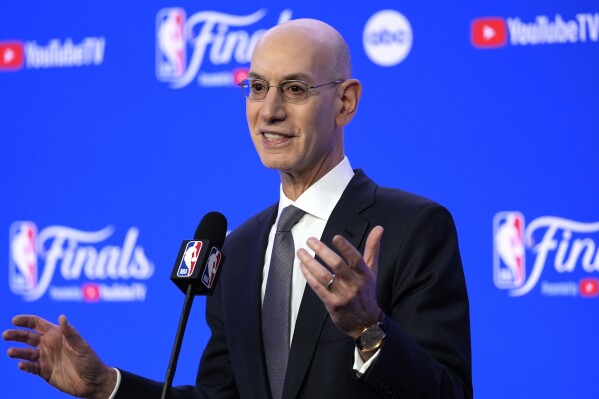 FILE - NBA Commissioner Adam Silver talks to reporters, June 6, 2024, in Boston. (AP Photo/Charles Krupa, File)