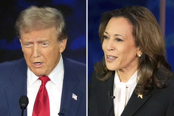 FILE - This combination of photos shows Republican presidential nominee former President Donald Trump, left, and Democratic presidential nominee Vice President Kamala Harris during an ABC News presidential debate at the National Constitution Center, Tuesday, Sept. 10, 2024, in Philadelphia. (AP Photo/Alex Brandon, File)