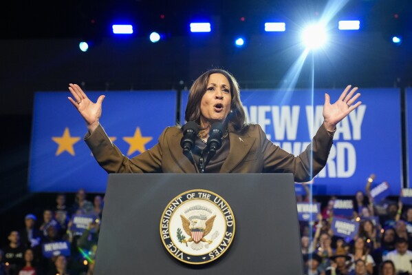 Democratic presidential nominee Vice President Kamala Harris speaks at a rally on Sunday, Sept. 29, 2024, in Las Vegas. (AP Photo/Carolyn Kaster)