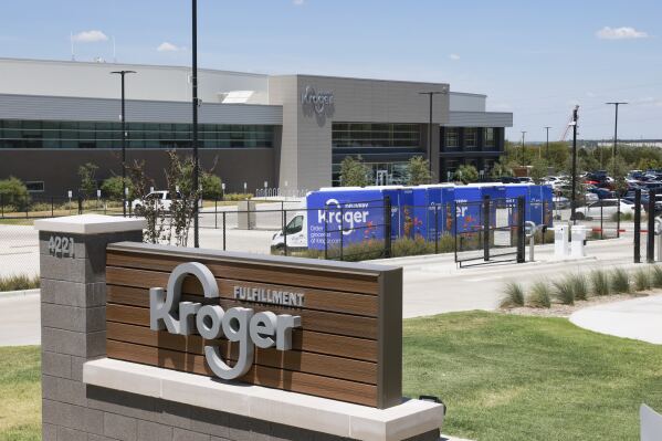 FILE - The exterior of Kroger's fulfillment center is shown on July 27, 2022 in Dallas, Tex. (Rebecca Slezak/The Dallas Morning News via AP, File)