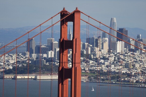 The San Francisco skyline is framed behind the Golden Gate Bridge in this view from the Marin Headlands near Sausalito, Calif., Monday, Oct. 16, 2023. A $4 million marketing campaign touting San Francisco's resilience, innovation and moxie launches Thursday, Oct. 19, as the embattled city prepares to host a high-profile Asia-Pacific Economic Cooperation leaders' summit next month that could boost its image or pile on to its woes. (AP Photo/Eric Risberg)