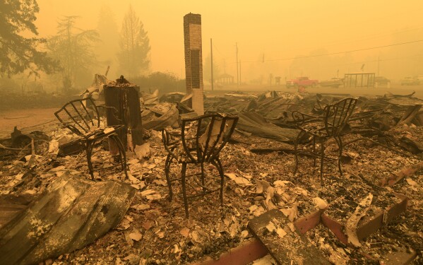 FILE - Chairs stand at the Gates Post office in the aftermath of a fire in Gates, Ore., Sept 9, 2020. The post office was destroyed along with several other buildings in the Santiam Canyon community as a result of the Santiam Fire. Pacific Power, owned by PacifiCorp, said Monday, June 3, 2024, that it has agreed to a nearly $180 million settlement with over 400 Oregon plaintiffs who sued the utility after the deadly 2020 wildfires. (Mark Ylen/Albany Democrat-Herald via AP, File)