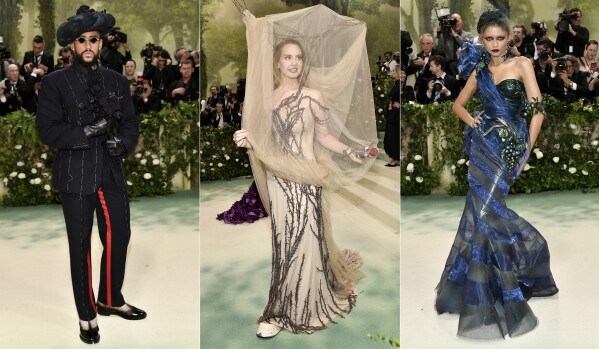 Bad Bunny, from left, Lana Del Rey, and Zendaya appear at The Metropolitan Museum of Art's Costume Institute benefit gala celebrating the opening of the "Sleeping Beauties: Reawakening Fashion" exhibition on Monday, May 6, 2024, in New York. (Photos by Evan Agostini/Invision/AP)