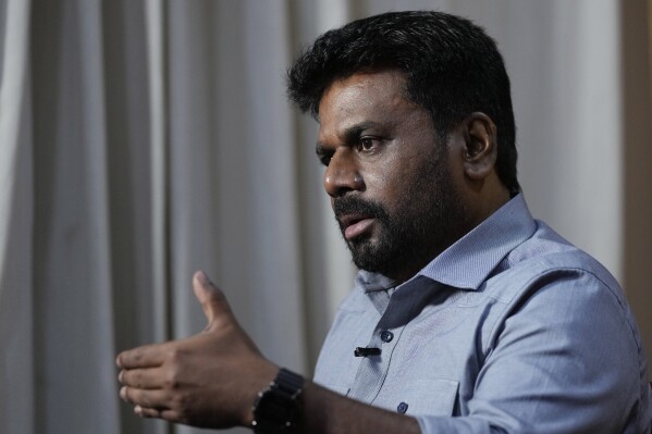 Anura Kumara Dissanayake, presidential candidate of opposition political party National People's Power speaks to Associated Press in Colombo, Sri Lanka, Monday, Aug. 26, 2024. (AP Photo/Eranga Jayawardena)