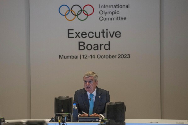 International Olympic Committee (IOC) president Thomas Bach speaks on the first day of the executive board meeting of the IOC ahead of the upcoming 141st IOC session in Mumbai, India, Thursday, Oct. 12, 2023.(AP Photo/Rafiq Maqbool)