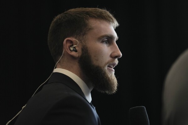 Purdue's Braden Smith speaks during the Big Ten men's NCAA college basketball media day Thursday, Oct. 3, 2024, in Rosemont, Ill. (AP Photo/Erin Hooley)