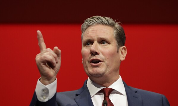 FILE - Britain's Shadow Brexit Secretary Keir Starmer speaks on stage during the Labour Party Conference at the Brighton Centre in Brighton, England, Monday, Sept. 23, 2019. (AP Photo/Kirsty Wigglesworth, File)