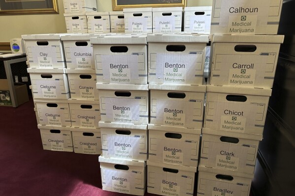 FILE - Boxes of petitions signed for a proposed ballot measure expanding Arkansas' medical marijuana program sit in a committee room at the Arkansas Capitol in Little Rock, Ark., July 5, 2024. (AP Photo/Andrew DeMillo, File)